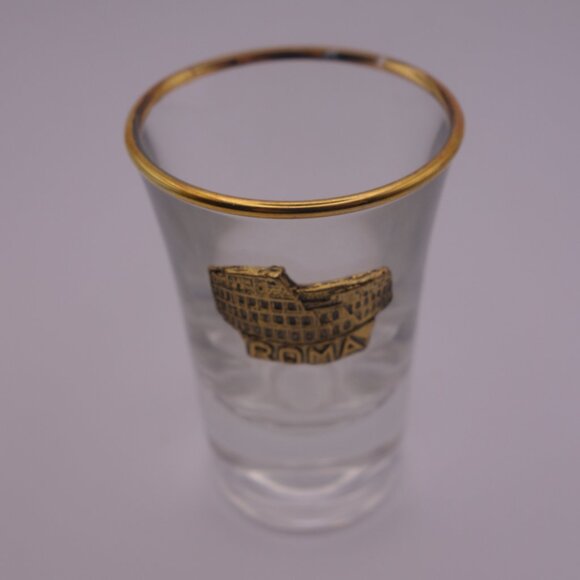 Roma Gold Rim Shot Glass with Metal Roma Coliseum Decoration - Picture 2 of 10
